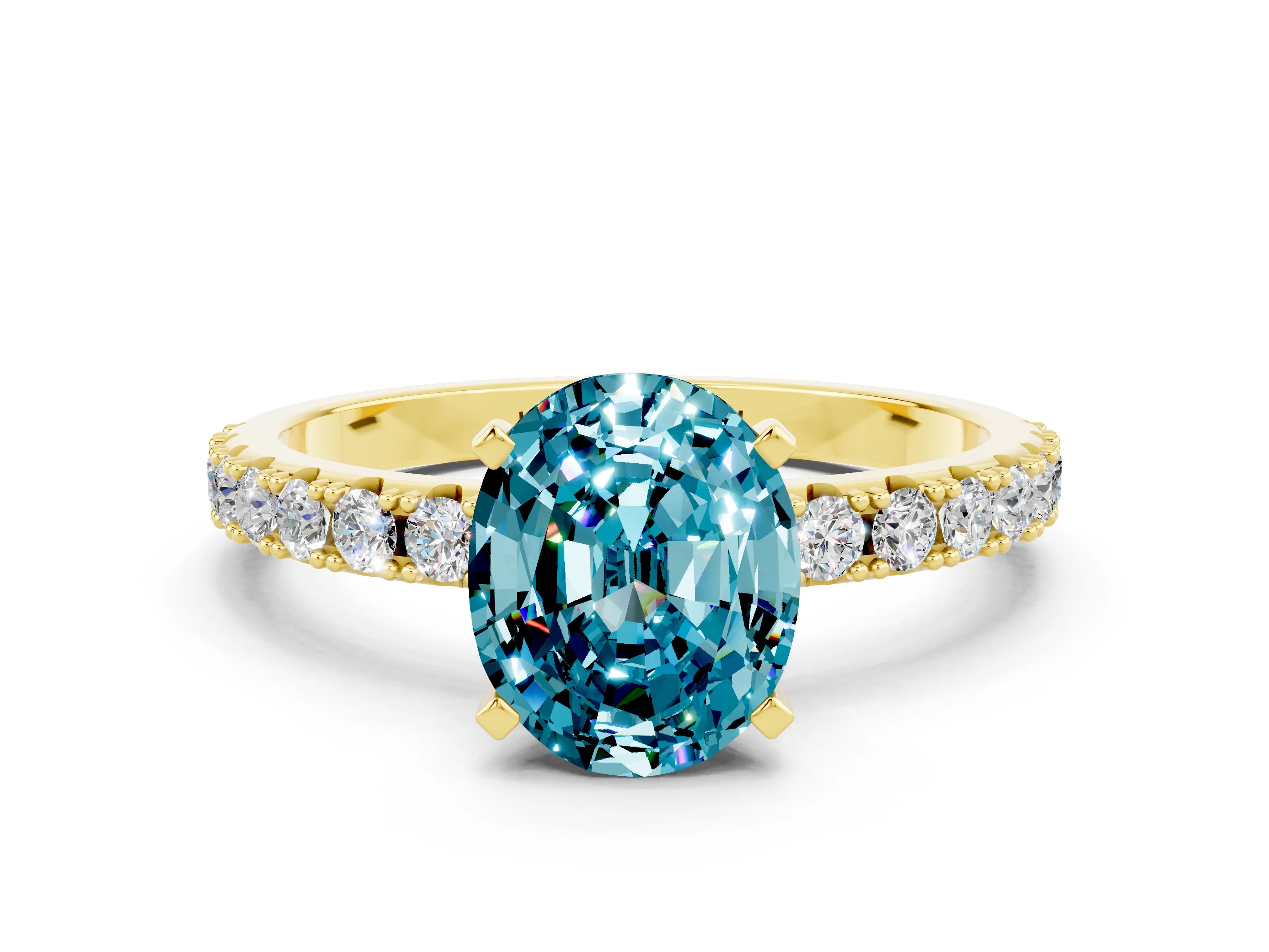Yellow gold Oval Cut Blue Topaz Solitaire Pavé Band with Four-Prong Setting