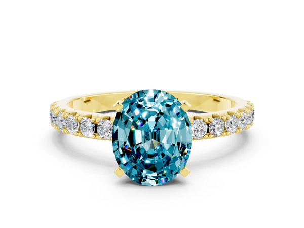 Yellow gold Oval Cut Blue Topaz Solitaire Pavé Band with Four-Prong Setting
