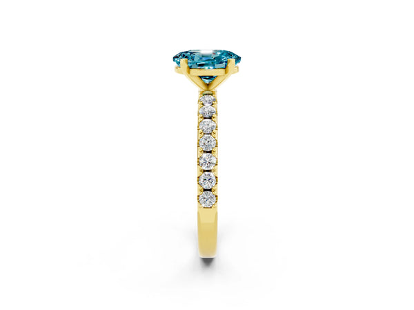 Yellow gold Oval Cut Blue Topaz Solitaire Pavé Band with Four-Prong Setting