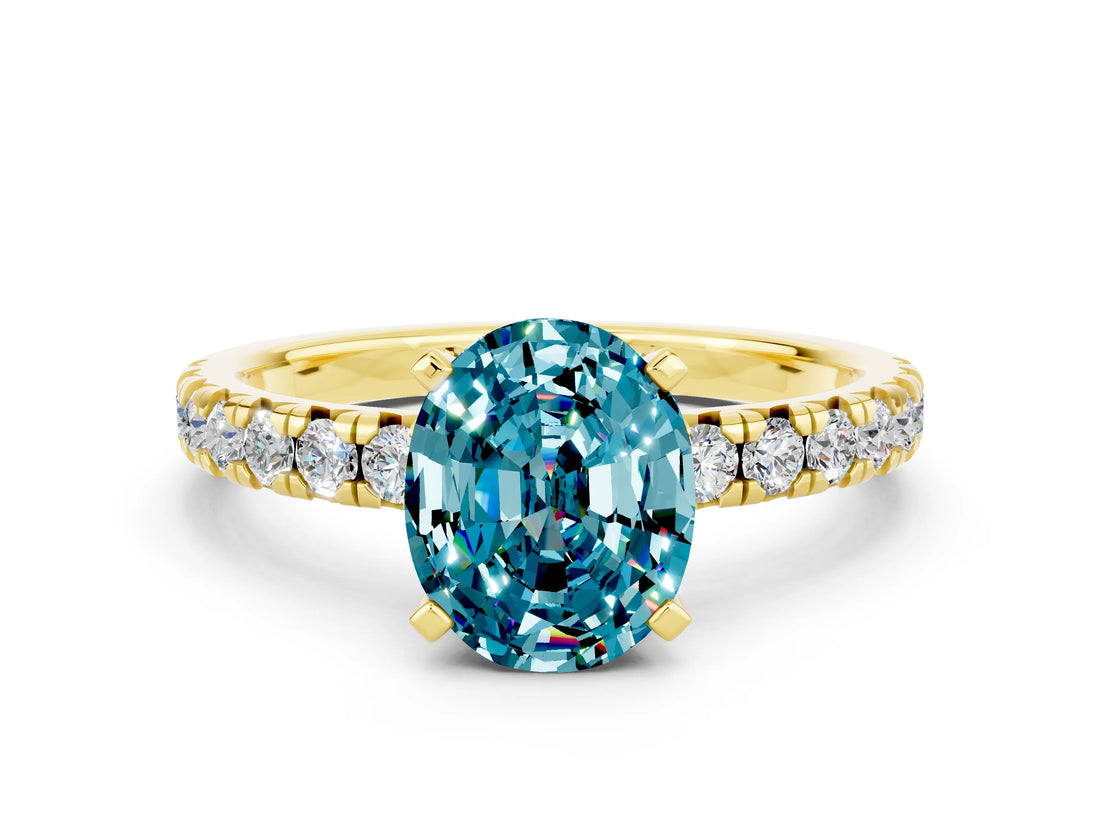 Yellow gold Oval Cut Blue Topaz Solitaire Pavé Engagement Ring with Round Band and Prong Setting_66