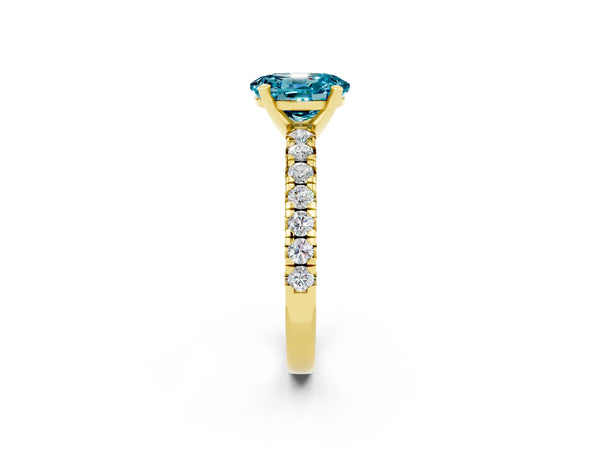 Yellow gold Oval Cut Blue Topaz Solitaire Pavé Engagement Ring with Round Band and Prong Setting