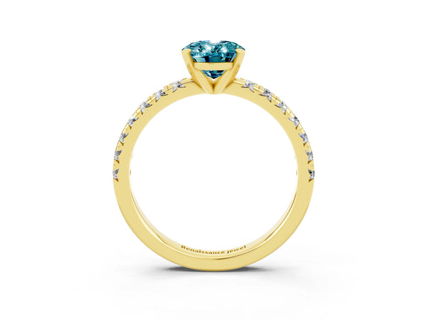 Yellow gold Oval Cut Blue Topaz Solitaire Pavé Engagement Ring with Round Band and Prong Setting