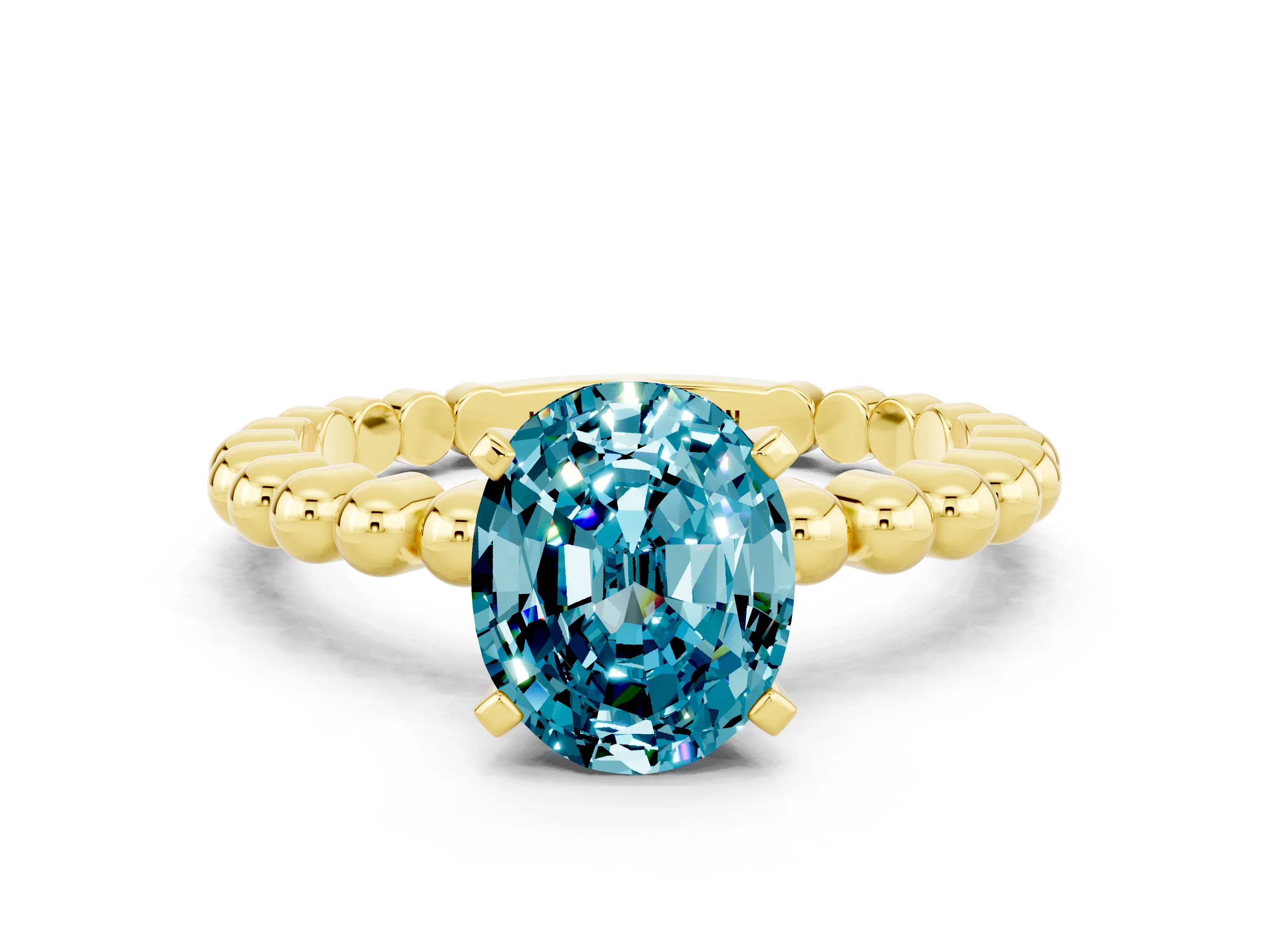 Yellow gold Oval Cut Blue Topaz Solitaire Ring with Beaded Band and Prong Setting