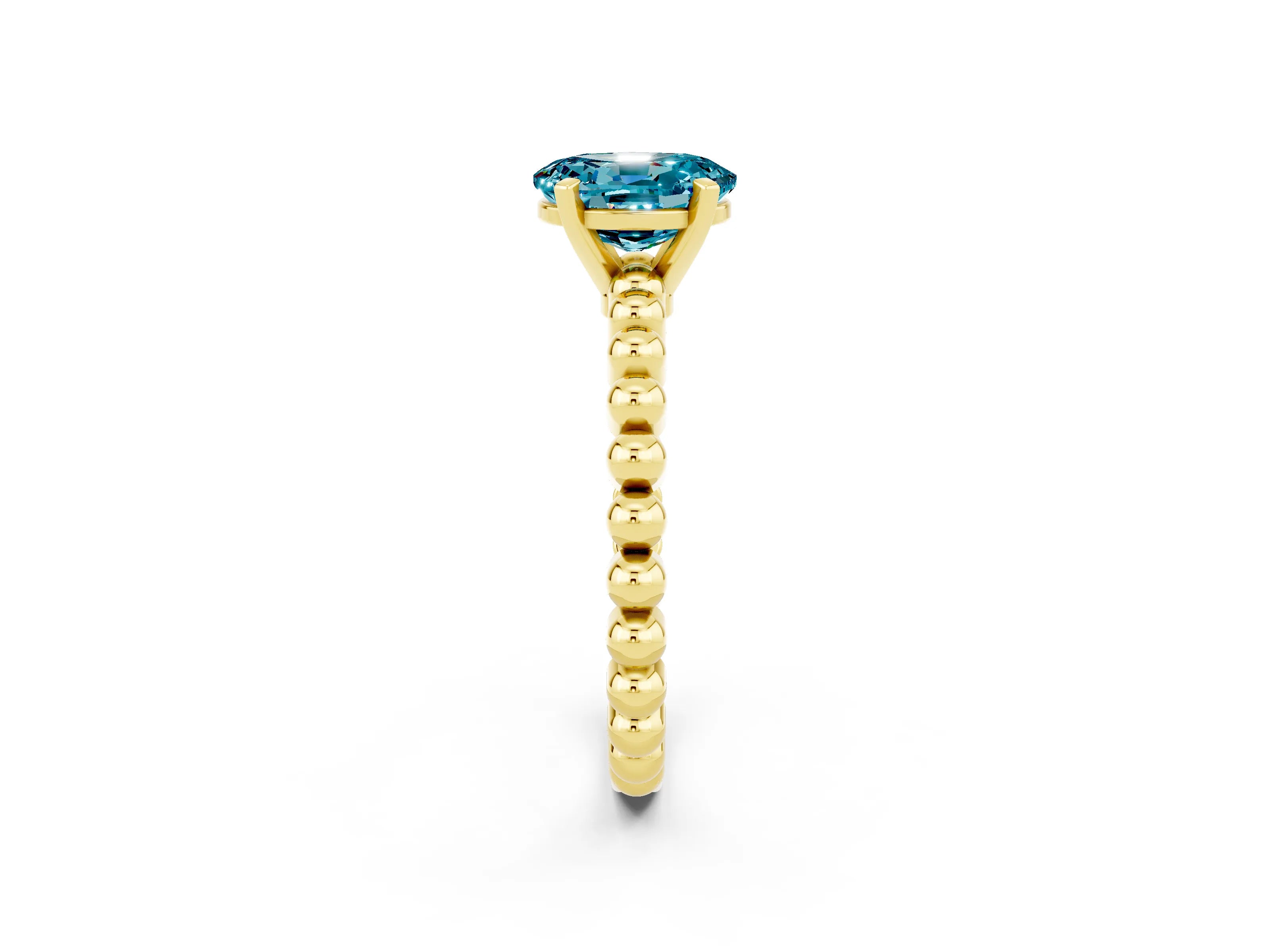 Yellow gold Oval Cut Blue Topaz Solitaire Ring with Beaded Band and Prong Setting_2