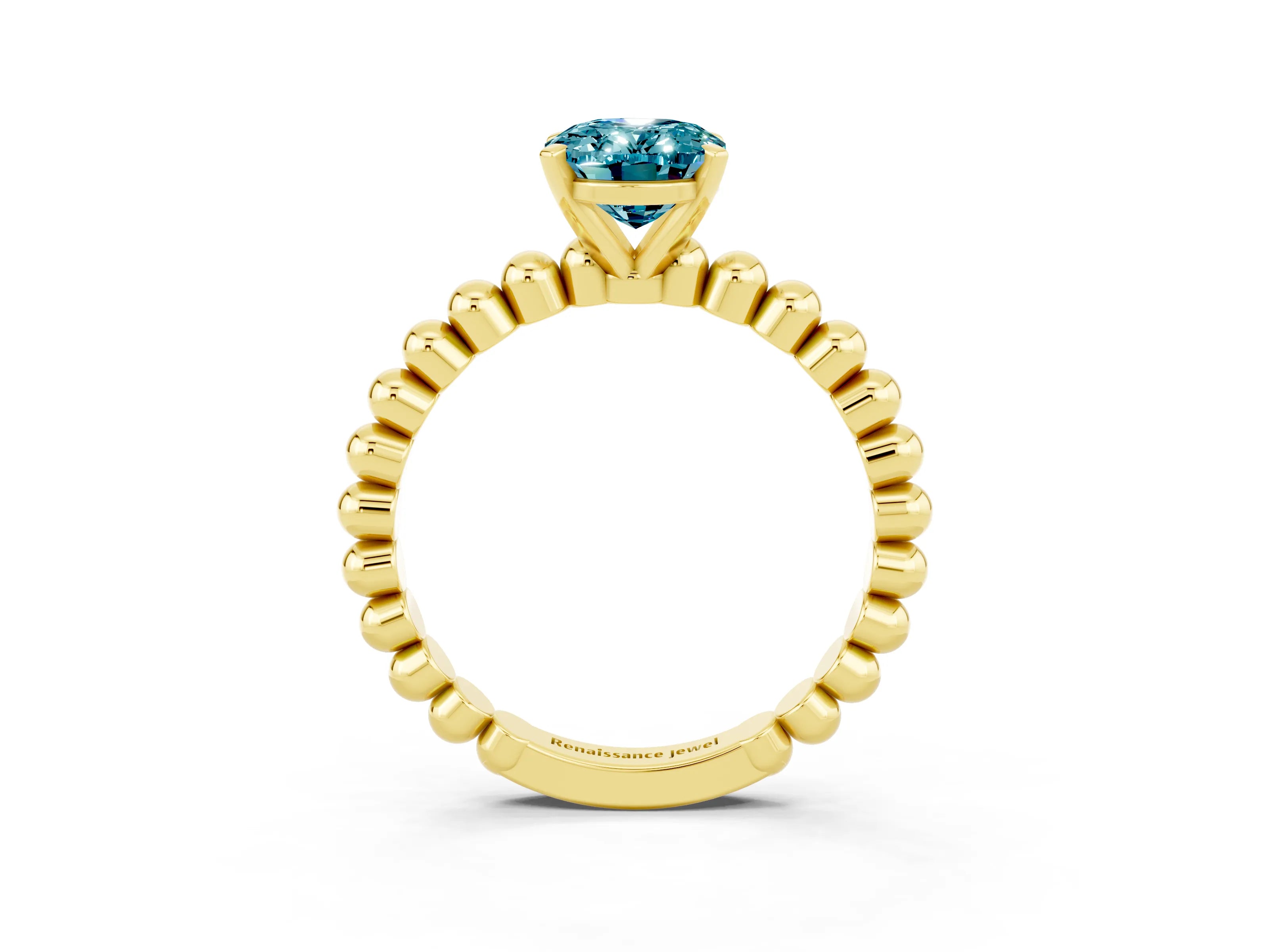 Yellow gold Oval Cut Blue Topaz Solitaire Ring with Beaded Band and Prong Setting_3