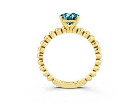 Yellow gold Oval Cut Blue Topaz Solitaire Ring with Beaded Band and Prong Setting_3