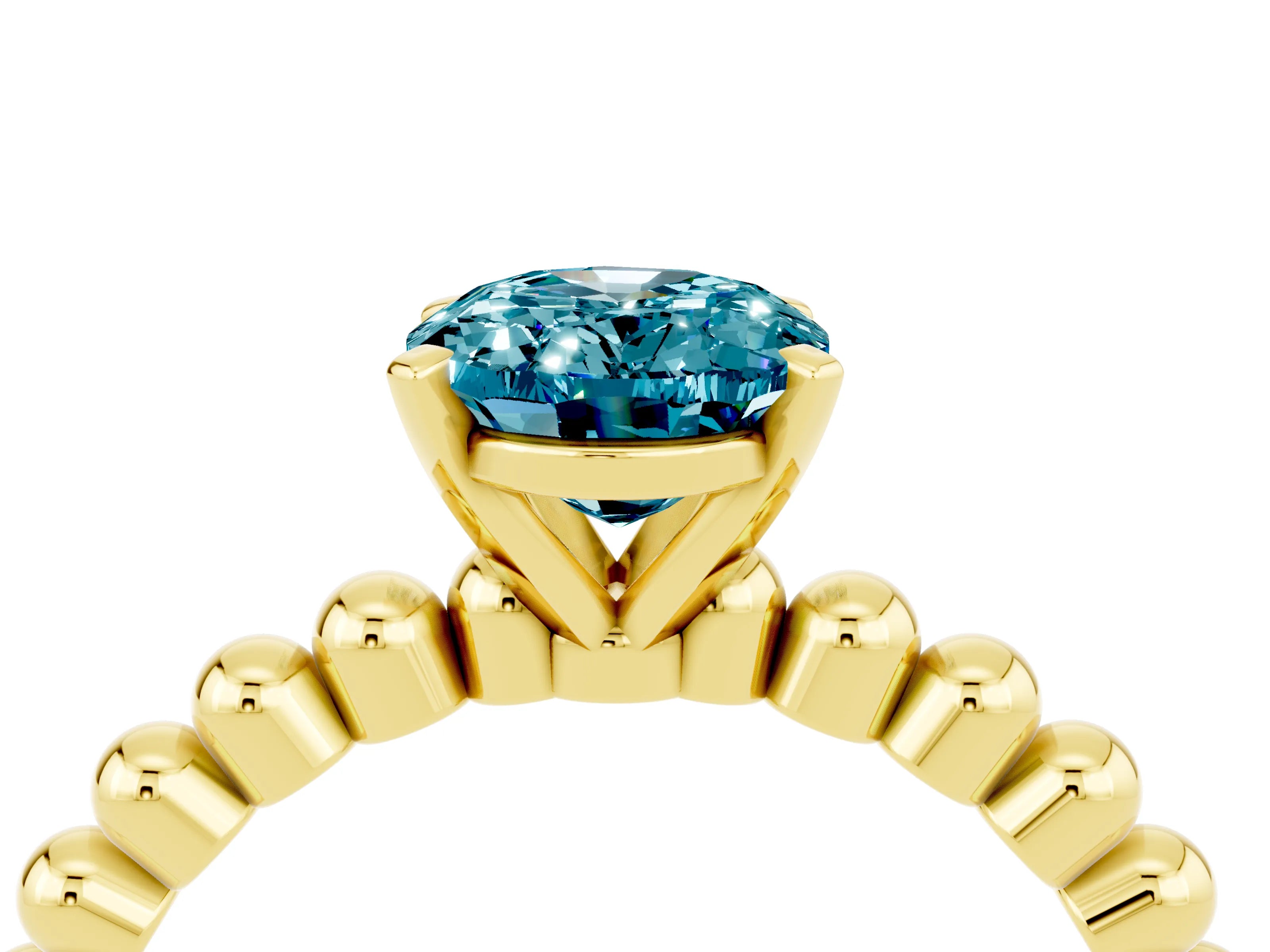 Yellow gold Oval Cut Blue Topaz Solitaire Ring with Beaded Band and Prong Setting_4
