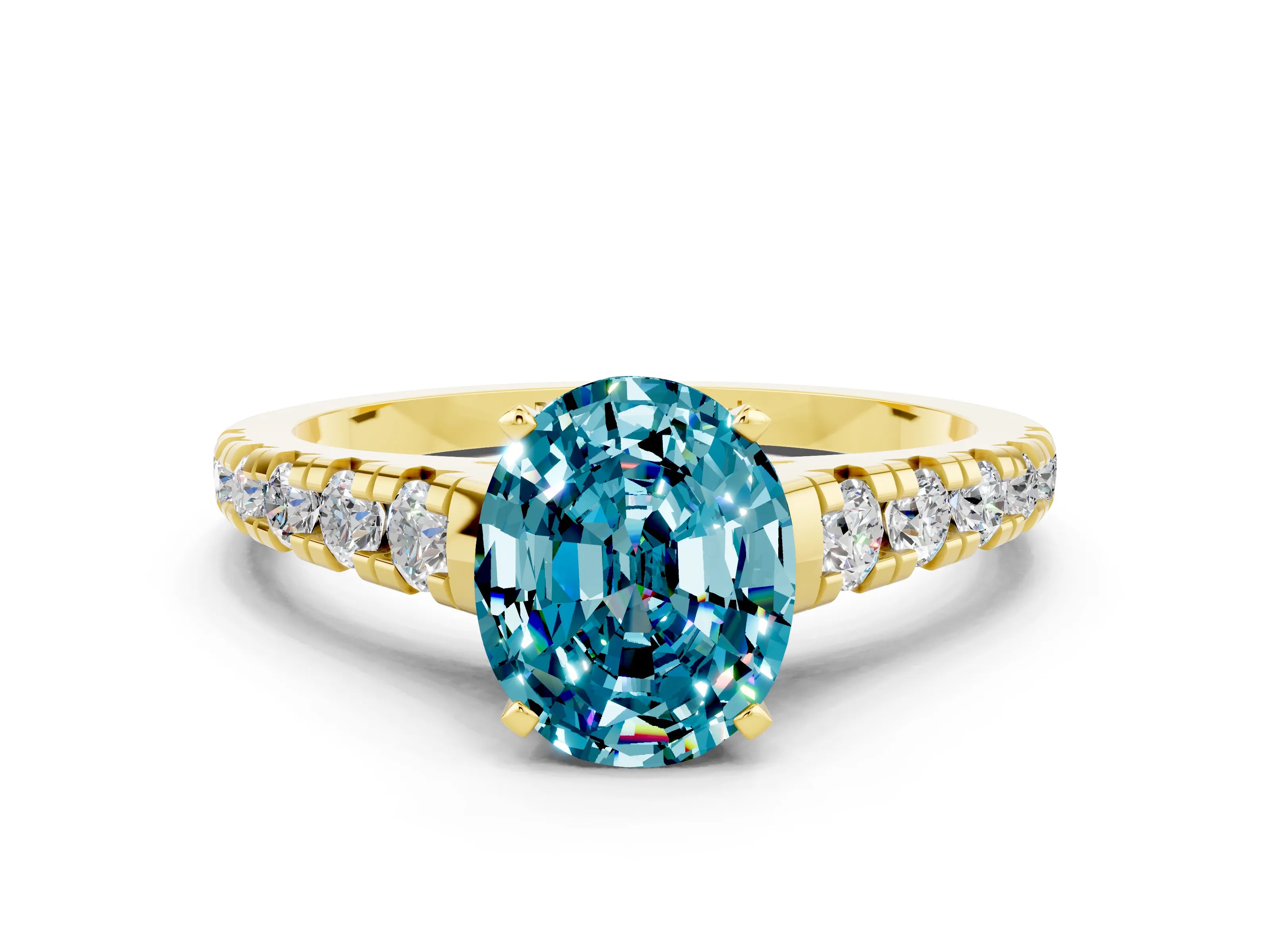 Yellow gold Oval Cut Blue Topaz Solitaire Ring with Cathedral Setting and Pavé Band