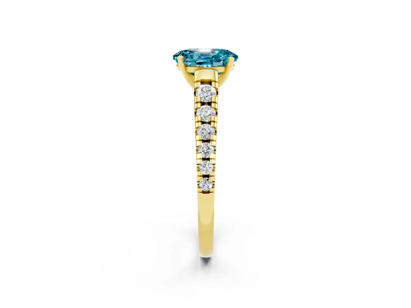 Yellow gold Oval Cut Blue Topaz Cathedral Solitaire Ring with Round  Pavé Band