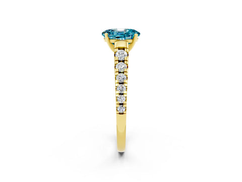 Yellow gold Oval Cut Blue Topaz Solitaire Ring with Cathedral Setting and Pavé Band_2