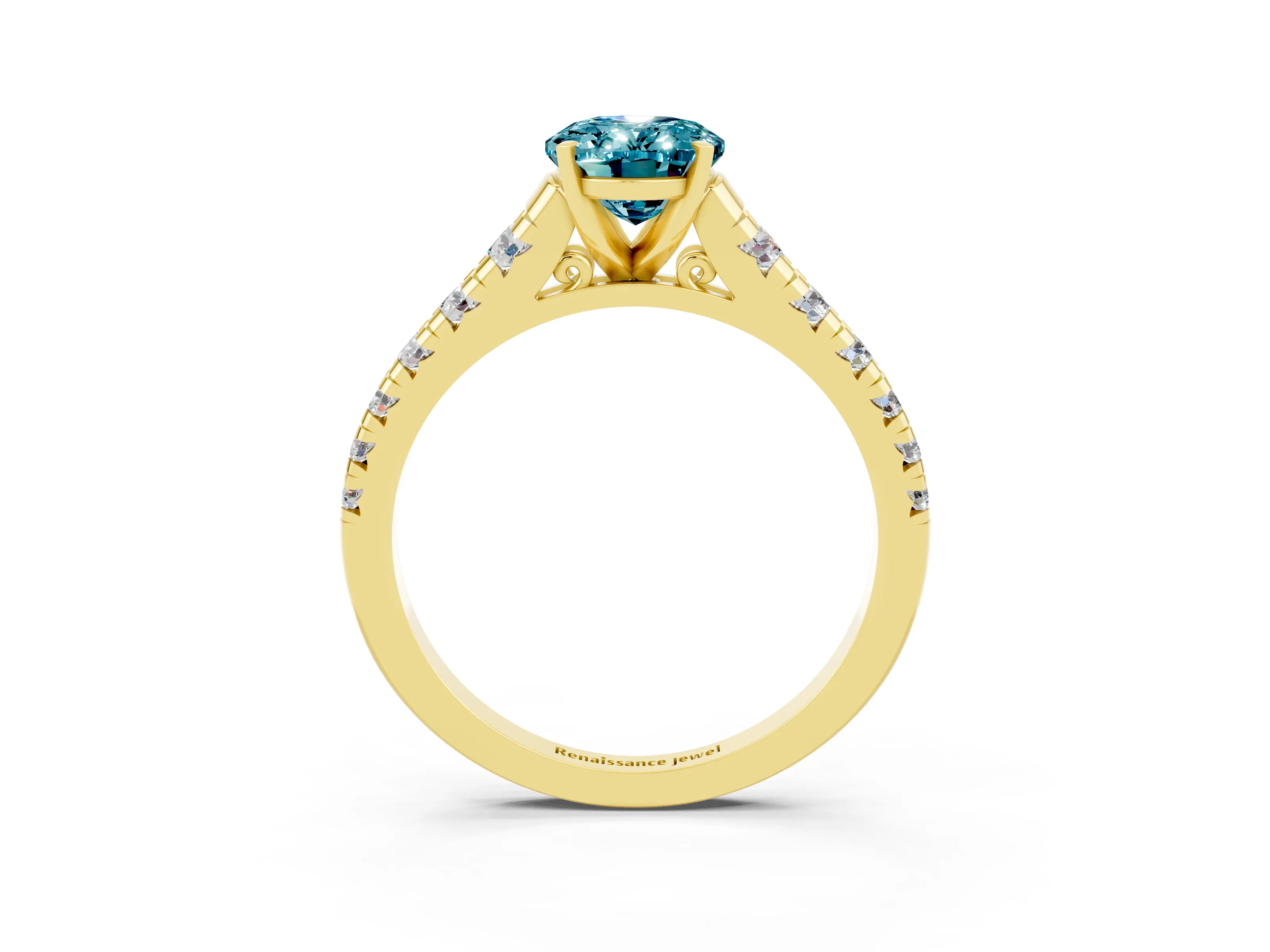 Yellow gold Oval Cut Blue Topaz Solitaire Ring with Cathedral Setting and Pavé Band_3