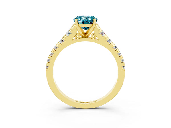 Yellow gold Oval Cut Blue Topaz Cathedral Solitaire Ring with Round  Pavé Band