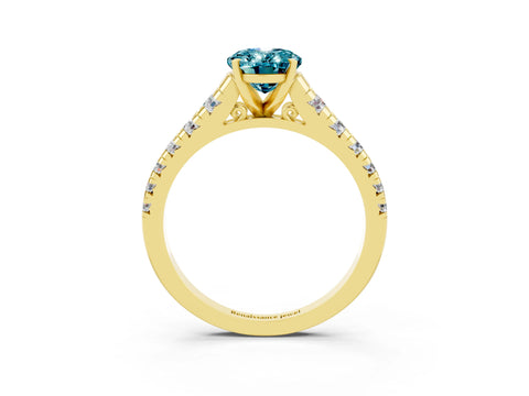 Yellow gold Oval Cut Blue Topaz Solitaire Ring with Cathedral Setting and Pavé Band_3