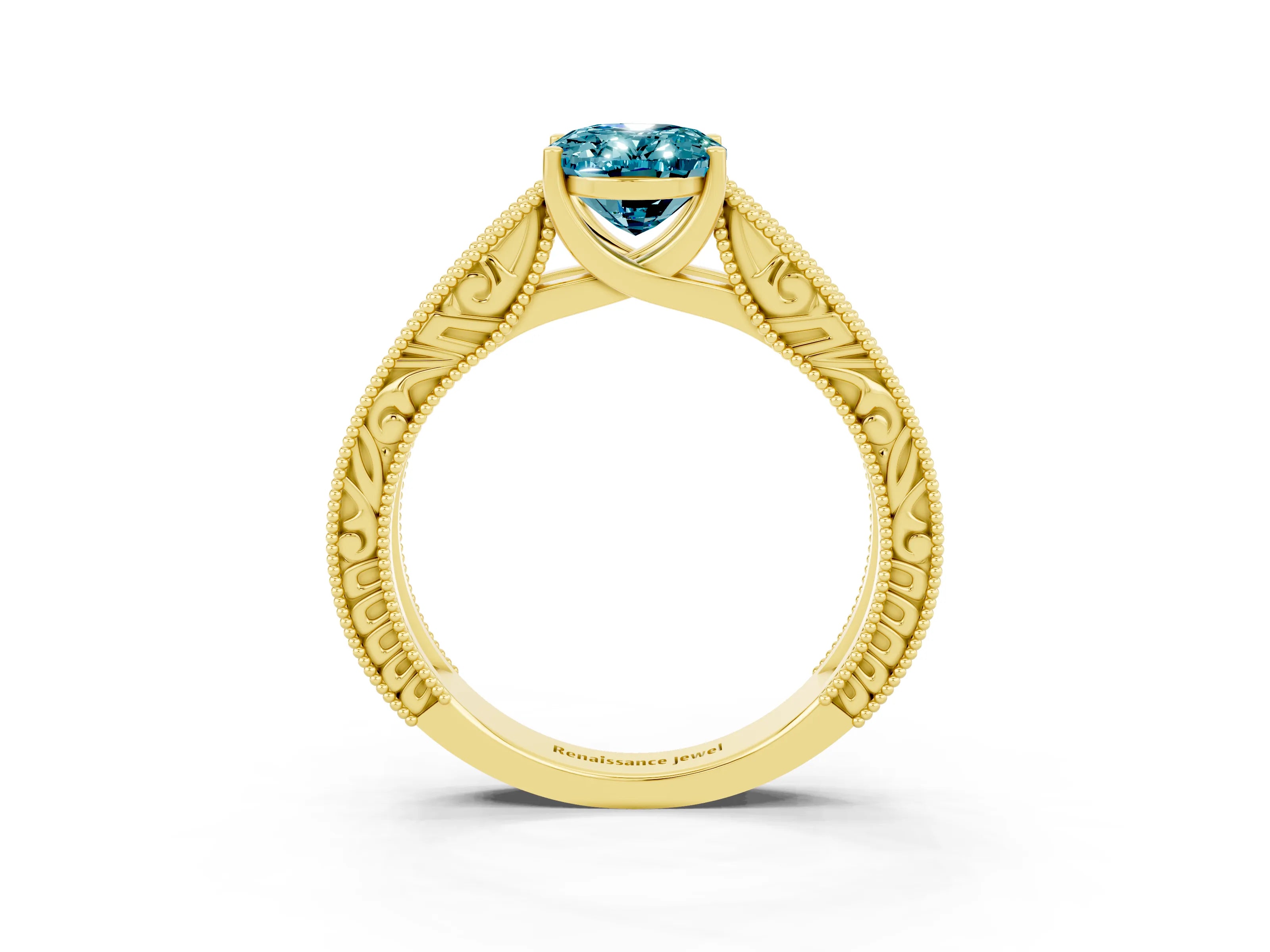 Yellow gold Oval Cut Blue Topaz Solitaire Ring with Engraved Band and Four-Prong Setting_3