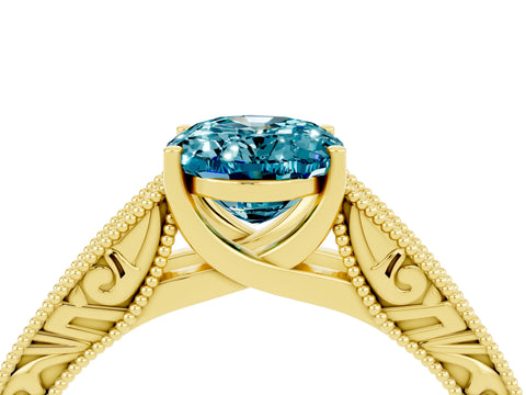 Yellow gold Oval Cut Blue Topaz Solitaire Ring with Engraved Band and Four-Prong Setting_4