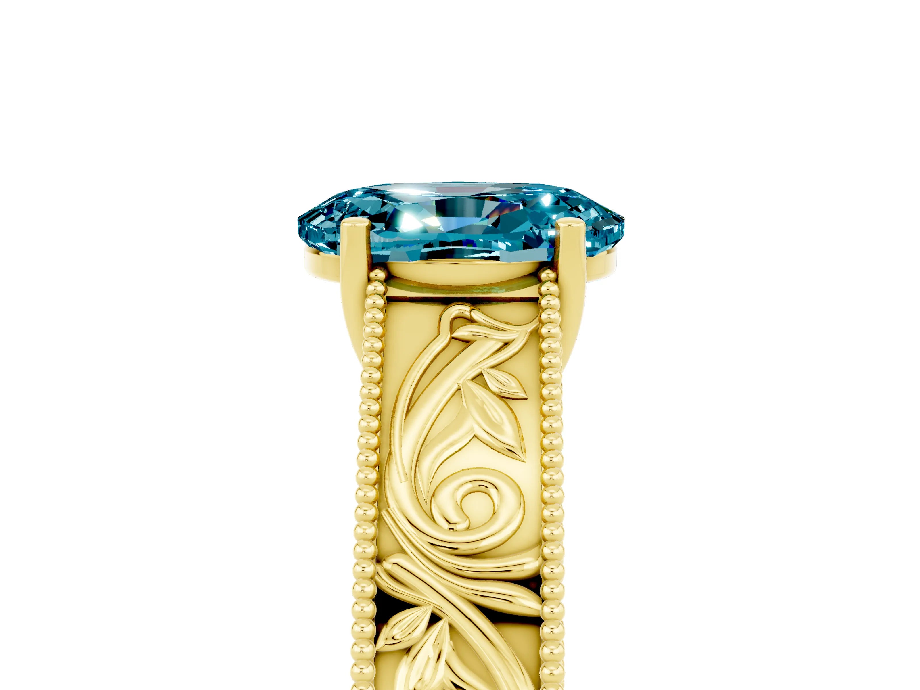 Yellow gold Oval Cut Blue Topaz Solitaire Ring with Engraved Band and Four-Prong Setting_5