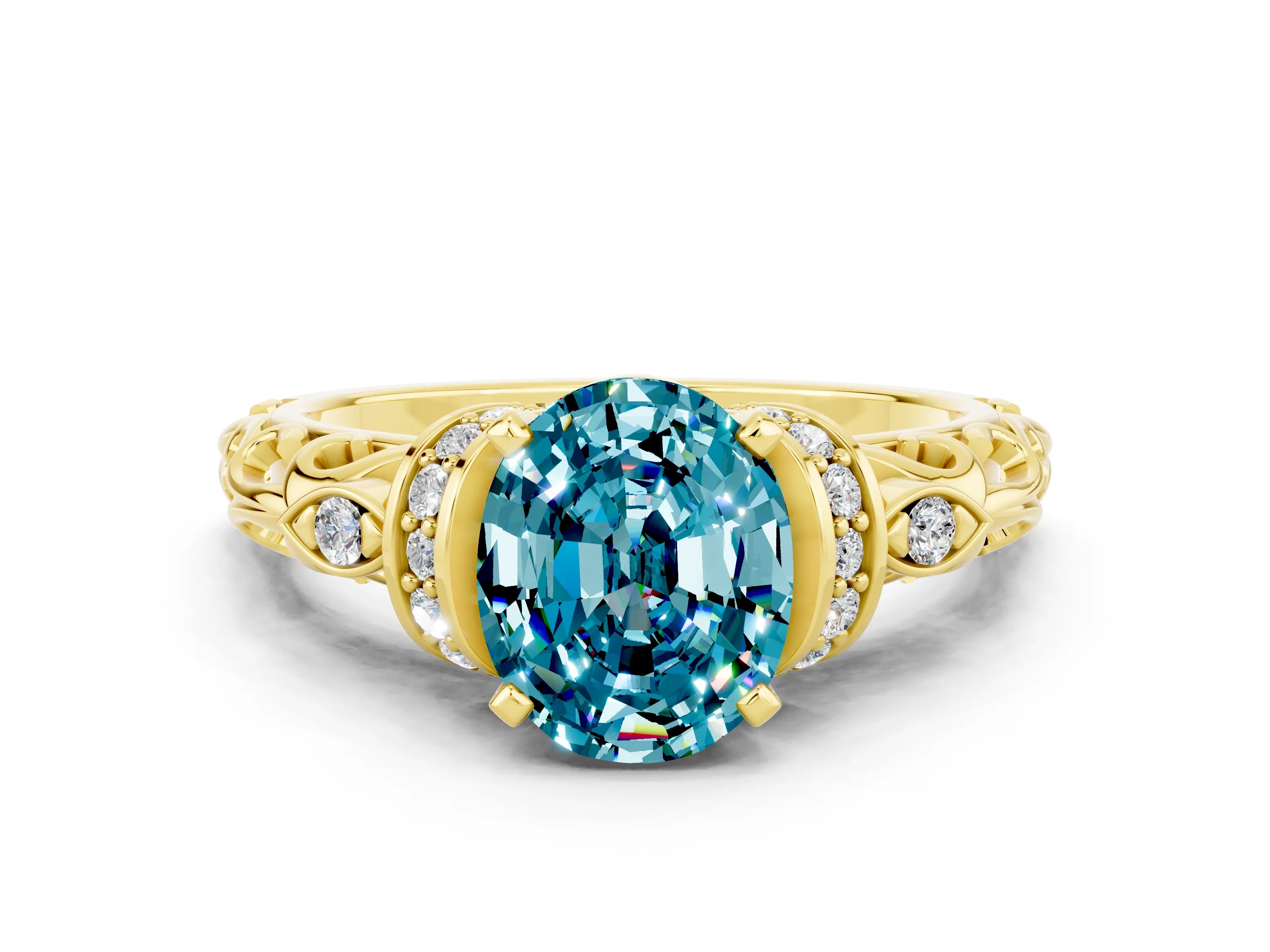 Yellow gold Oval Cut Blue Topaz Solitaire Ring with Filigree Band and Four-Prong Setting_24