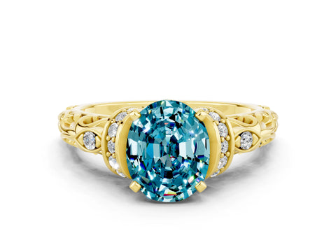 Yellow gold Oval Cut Blue Topaz Solitaire Ring with Filigree Band and Four-Prong Setting_24