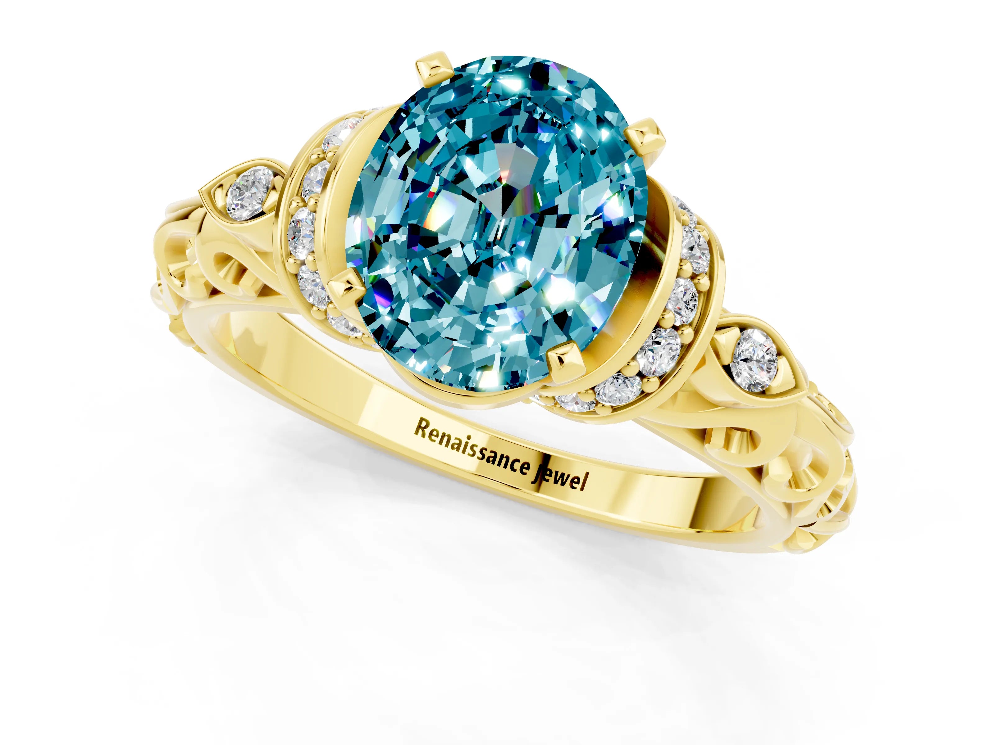 Yellow gold Oval Cut Blue Topaz Solitaire Ring with Filigree Band and Four-Prong Setting_25