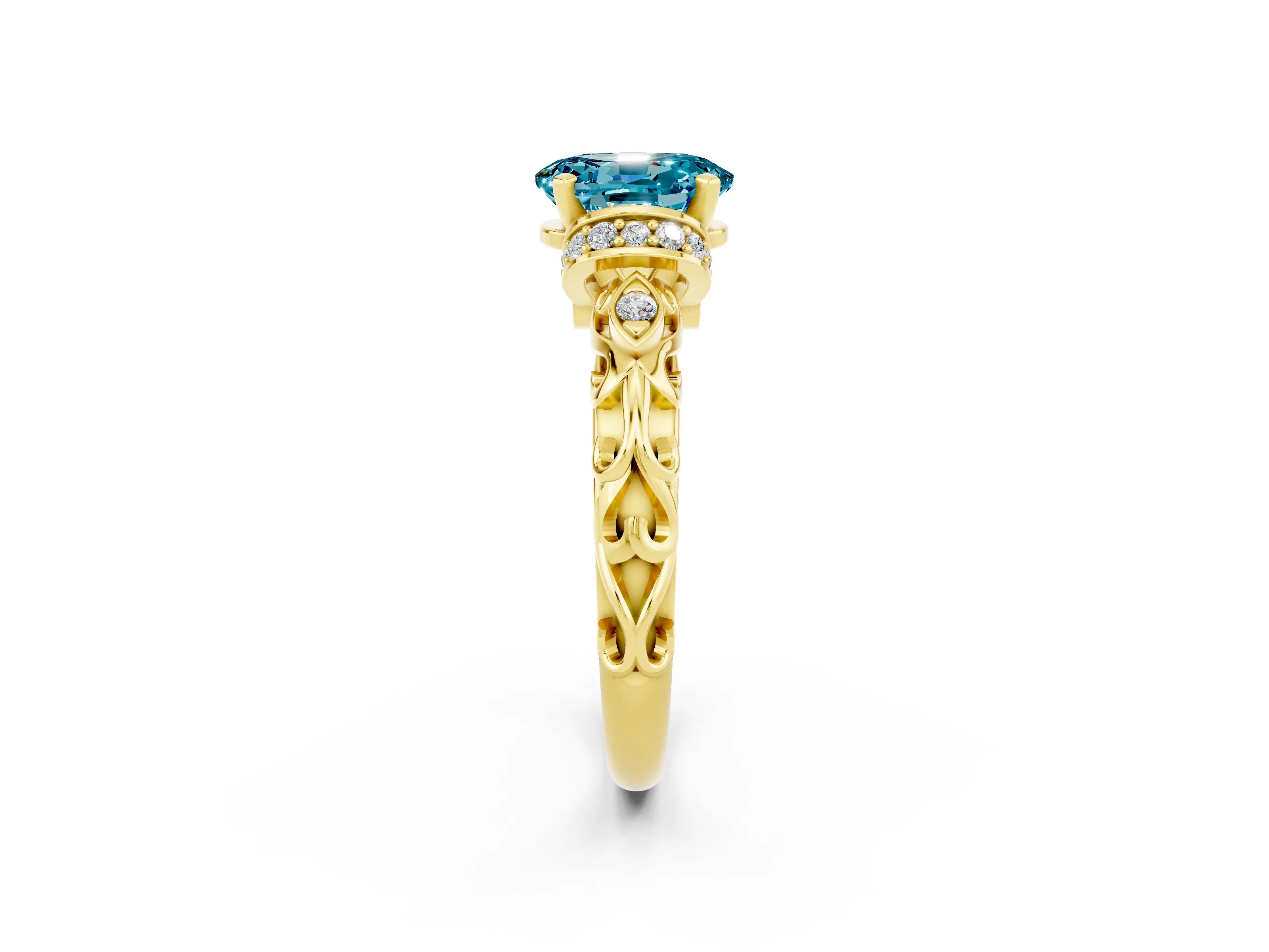Yellow gold Oval Cut Blue Topaz Solitaire Ring with Filigree Band and Four-Prong Setting_26