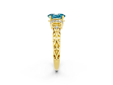 Yellow gold Oval Cut Blue Topaz Solitaire Ring with Filigree Band and Four-Prong Setting_26