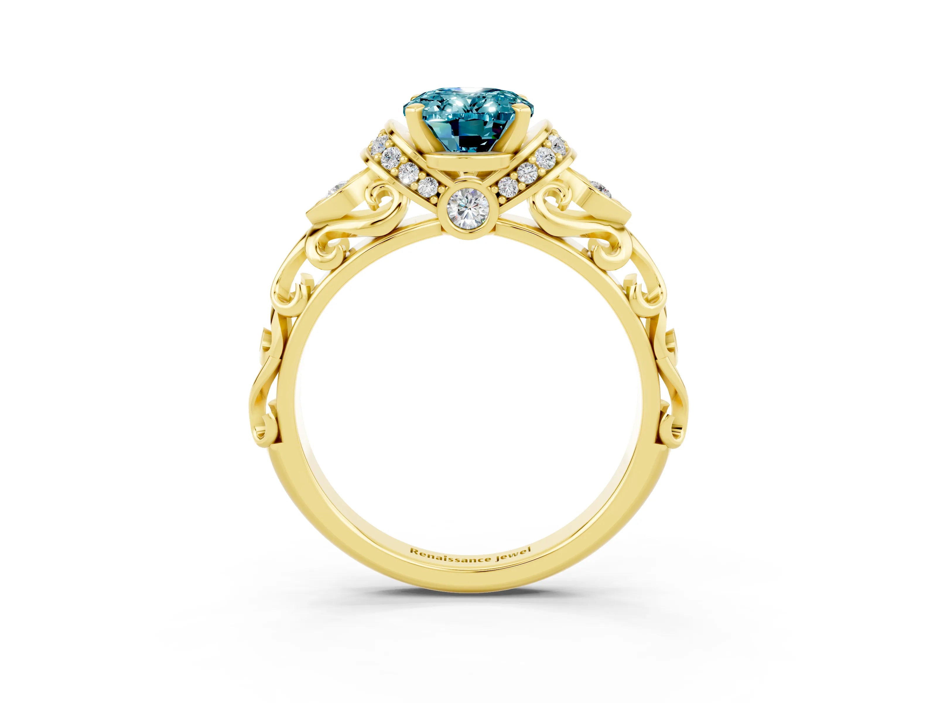 Yellow gold Oval Cut Blue Topaz Solitaire Ring with Filigree Band and Four-Prong Setting_27
