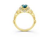 Yellow gold Oval Cut Blue Topaz Solitaire Ring with Filigree Band and Four-Prong Setting_27