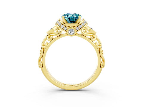 Yellow gold Oval Cut Blue Topaz Solitaire Ring with Filigree Band and Four-Prong Setting_27