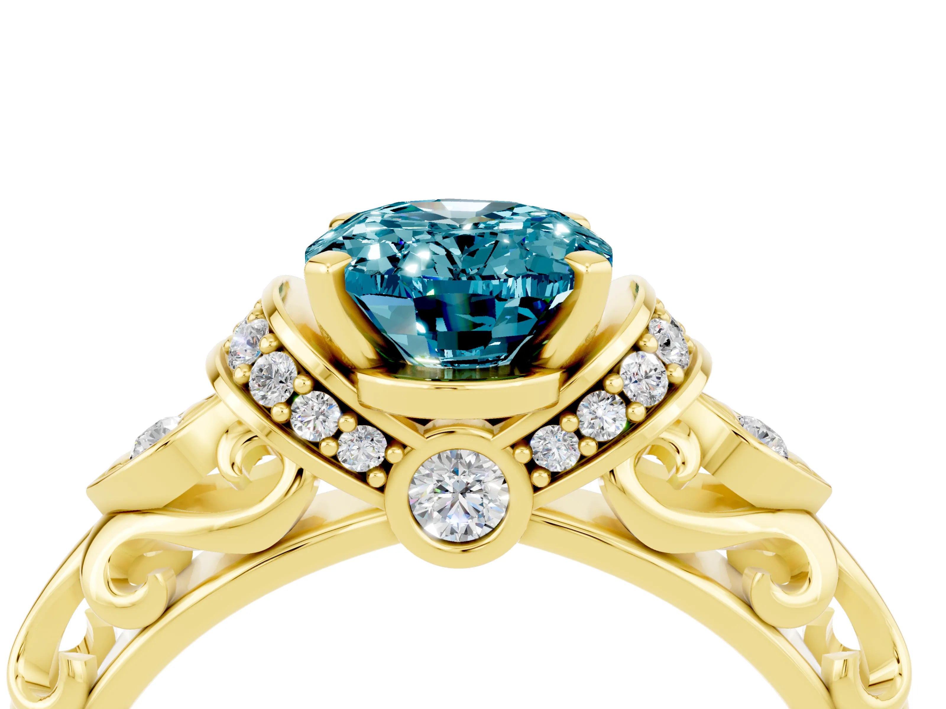 Yellow gold Oval Cut Blue Topaz Solitaire Ring with Filigree Band and Four-Prong Setting_28