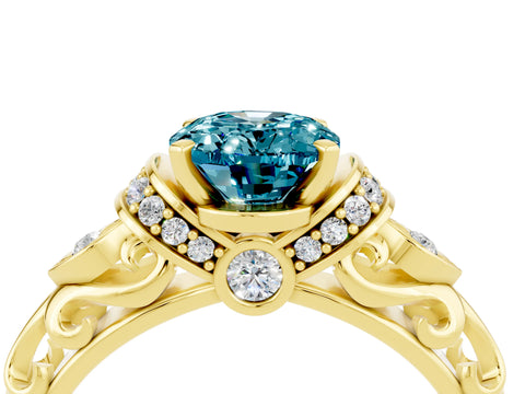 Yellow gold Oval Cut Blue Topaz Solitaire Ring with Filigree Band and Four-Prong Setting_28