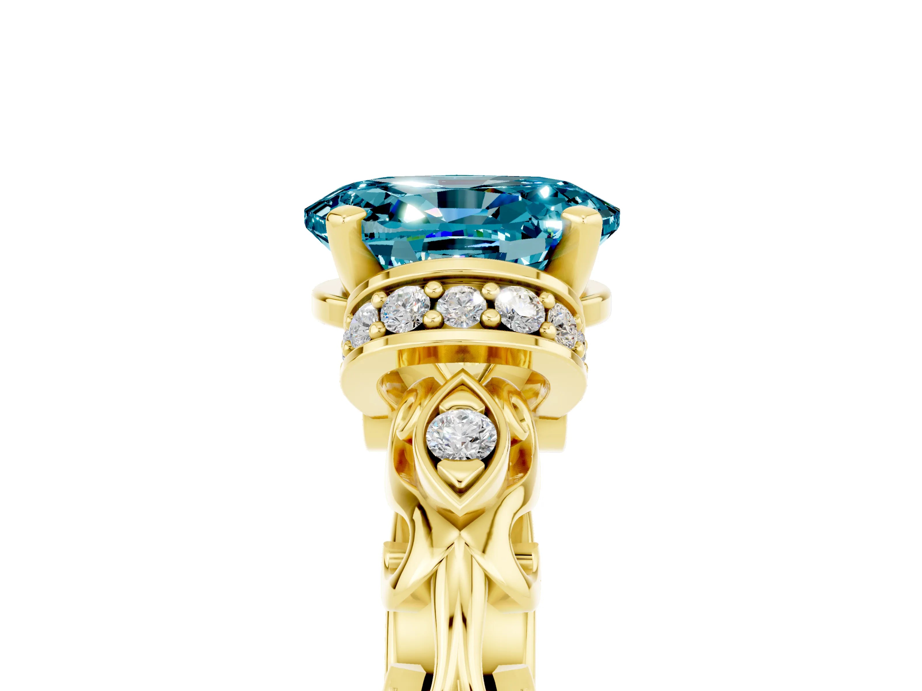 Yellow gold Oval Cut Blue Topaz Solitaire Ring with Filigree Band and Four-Prong Setting_29