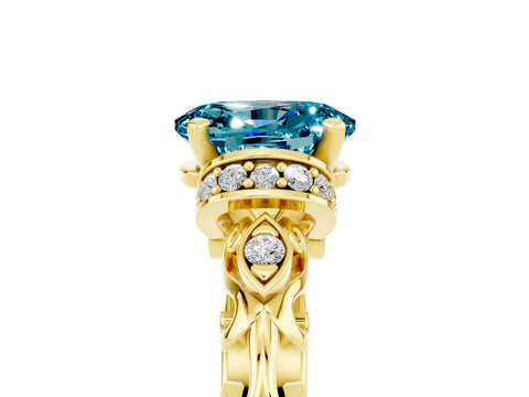 Yellow gold Oval Cut Blue Topaz Solitaire Ring with Filigree Band and Four-Prong Setting_29