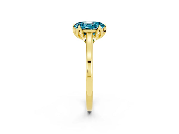 Yellow gold Oval Cut Blue Topaz Solitaire Ring with Flower Prong Setting and Classic Band