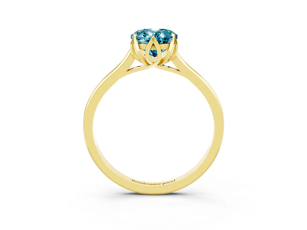 Yellow gold Oval Cut Blue Topaz Solitaire Ring with Flower Prong Setting and Classic Band