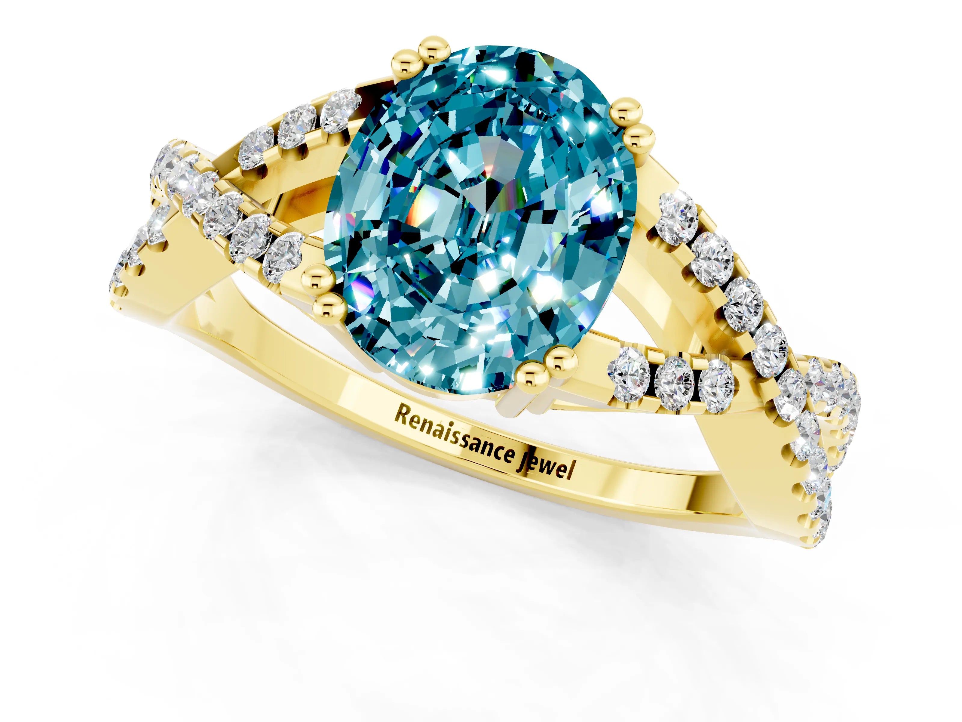 Yellow gold Oval Cut Blue Topaz Solitaire Ring with Four-Prong Setting and Twisted Pavé Band_1