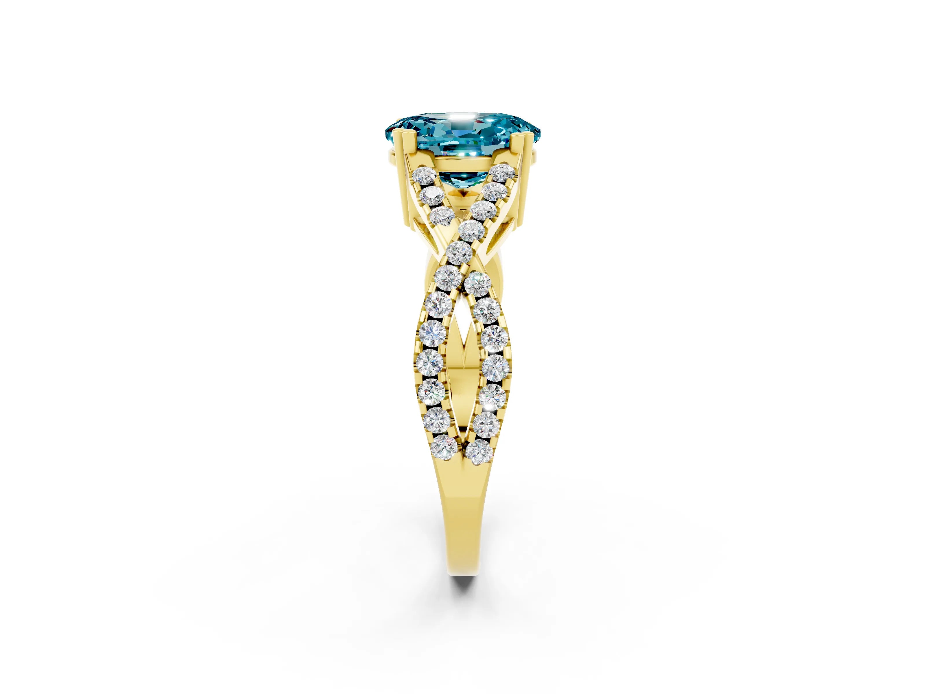 Yellow gold Oval Cut Blue Topaz Solitaire Ring with Four-Prong Setting and Twisted Pavé Band_2