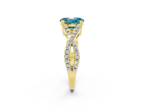 Yellow gold Oval Cut Blue Topaz Solitaire Ring with Four-Prong Setting and Twisted Pavé Band