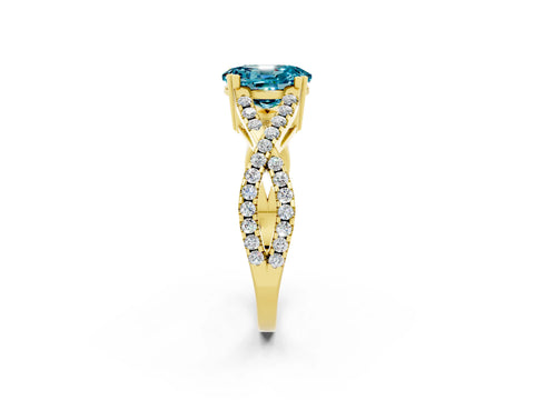 Yellow gold Oval Cut Blue Topaz Solitaire Ring with Four-Prong Setting and Twisted Pavé Band_2