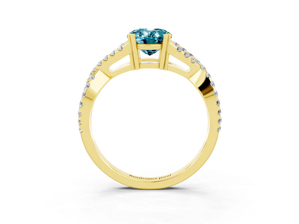 Yellow gold Oval Cut Blue Topaz Solitaire Ring with Four-Prong Setting and Twisted Pavé Band