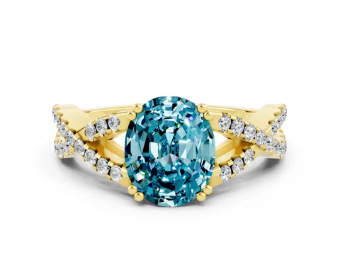 Yellow gold Oval Cut Blue Topaz Solitaire Ring with Four-Prong Setting and Twisted Pavé Band