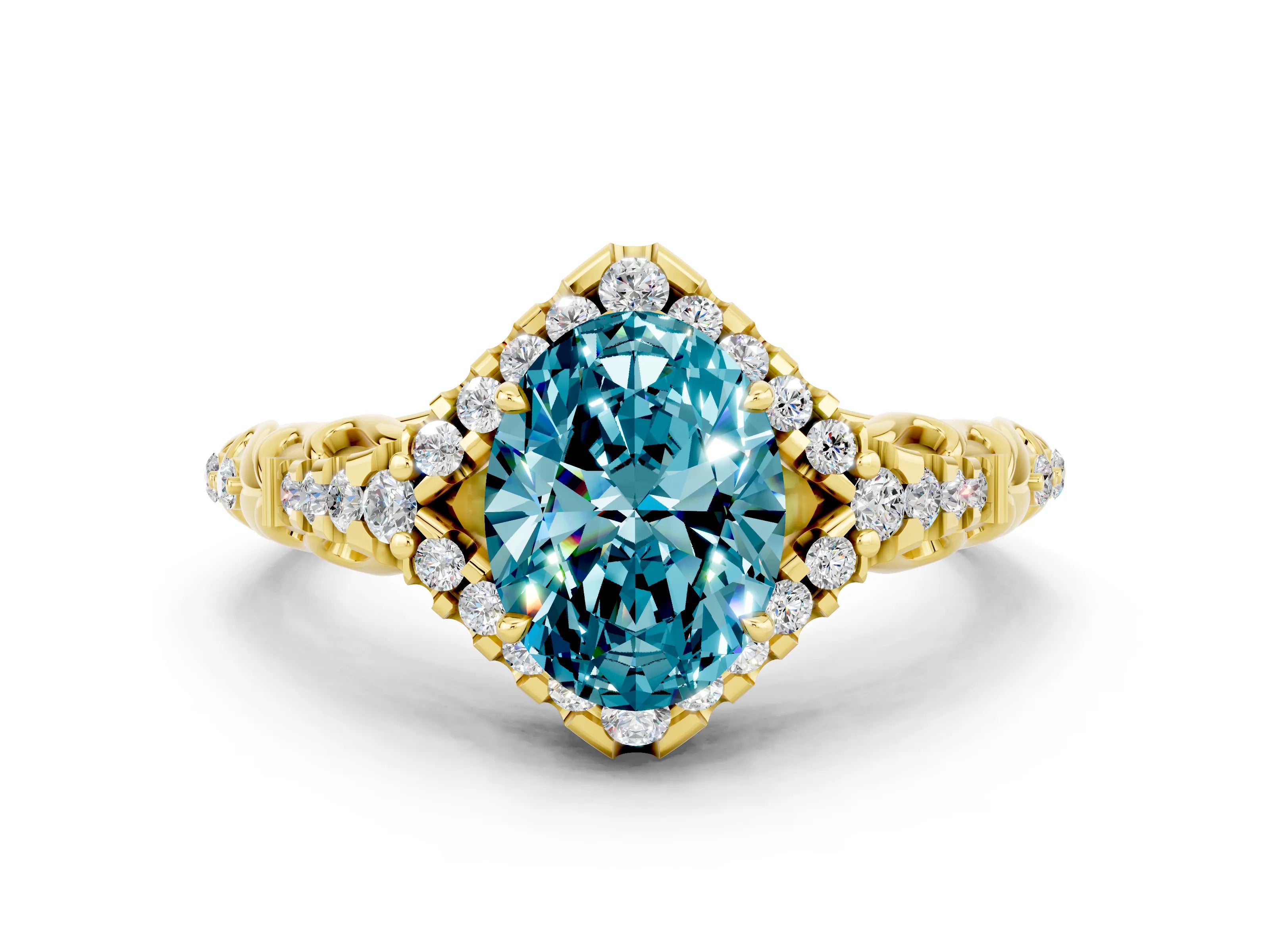 Yellow gold Oval Cut Blue Topaz Solitaire Ring with Hidden Halo and Pavé Band_12