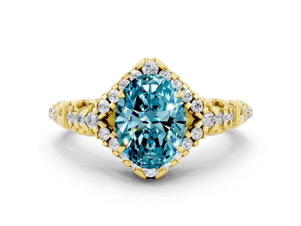 Yellow gold Oval Cut Blue Topaz Solitaire Ring with Hidden Halo and Pavé Band