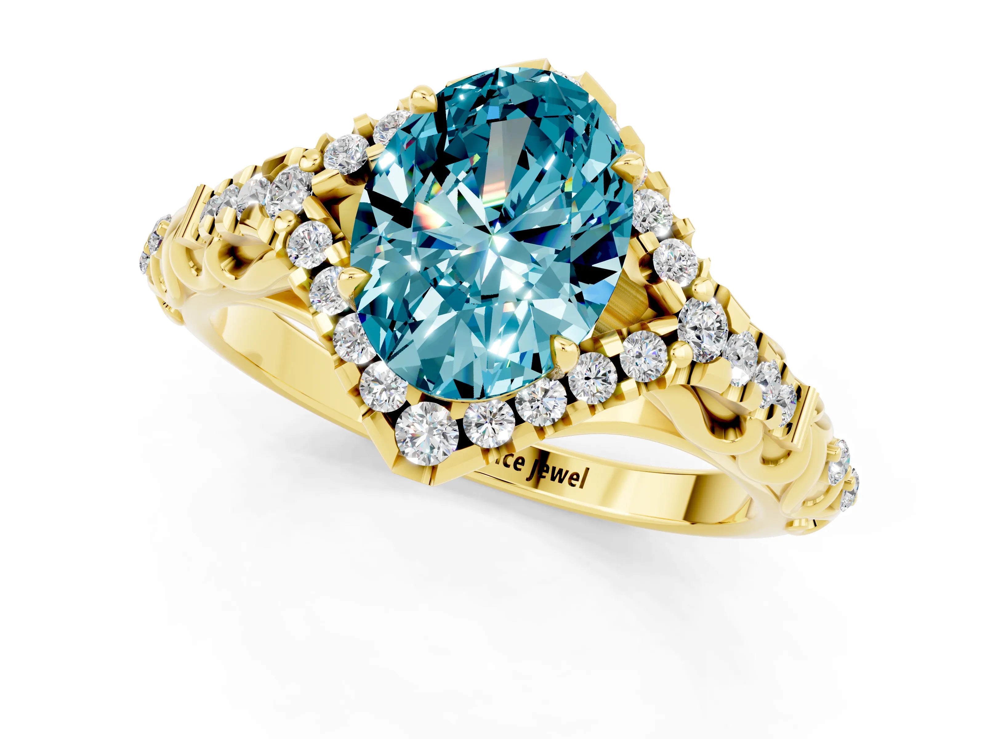 Yellow gold Oval Cut Blue Topaz Solitaire Ring with Hidden Halo and Pavé Band_13