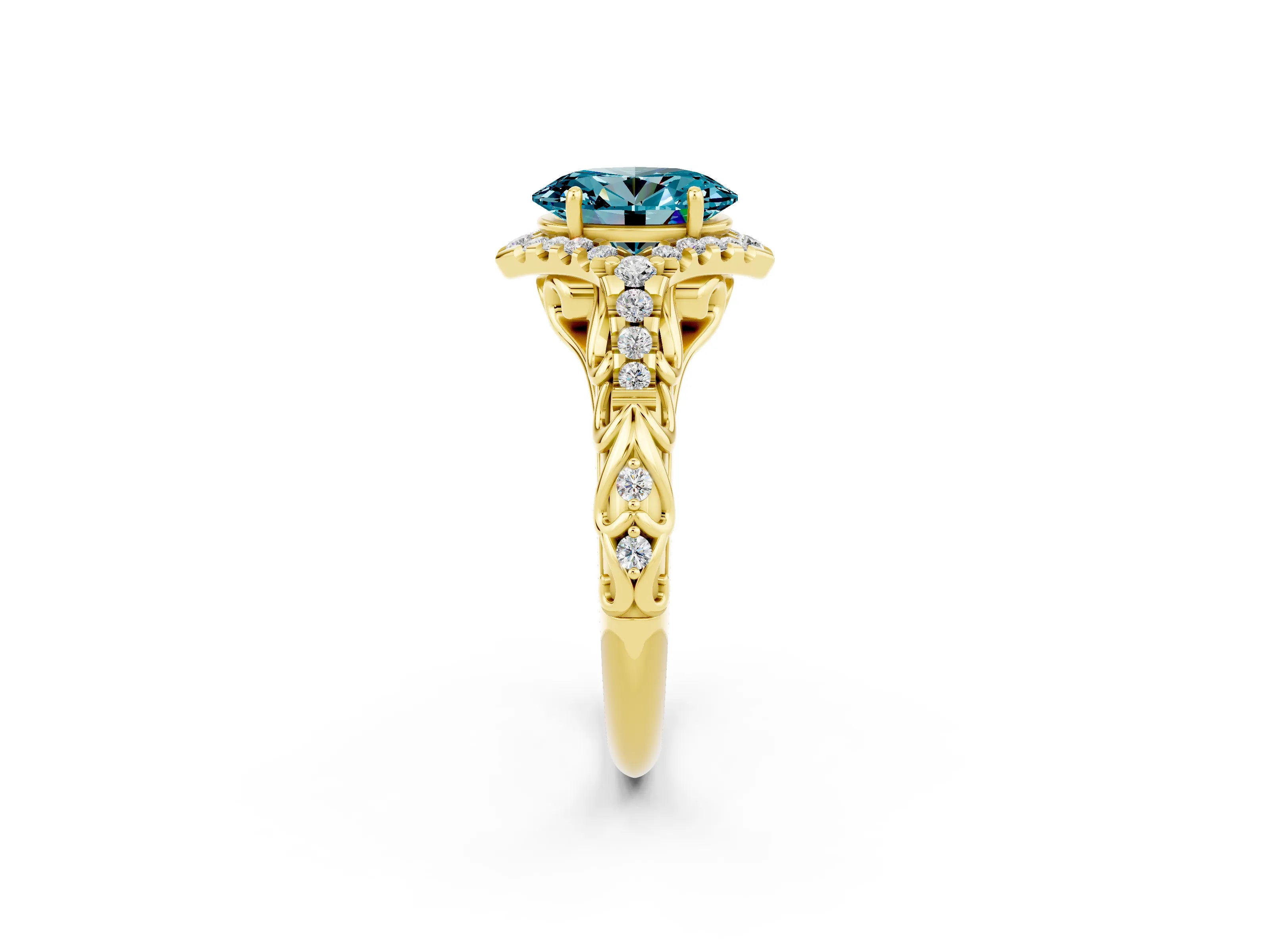 Yellow gold Oval Cut Blue Topaz Solitaire Ring with Hidden Halo and Pavé Band_14