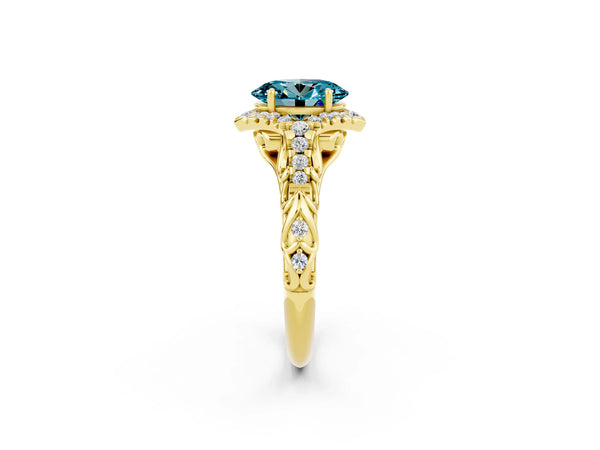 Yellow gold Oval Cut Blue Topaz Solitaire Ring with Hidden Halo and Pavé Band