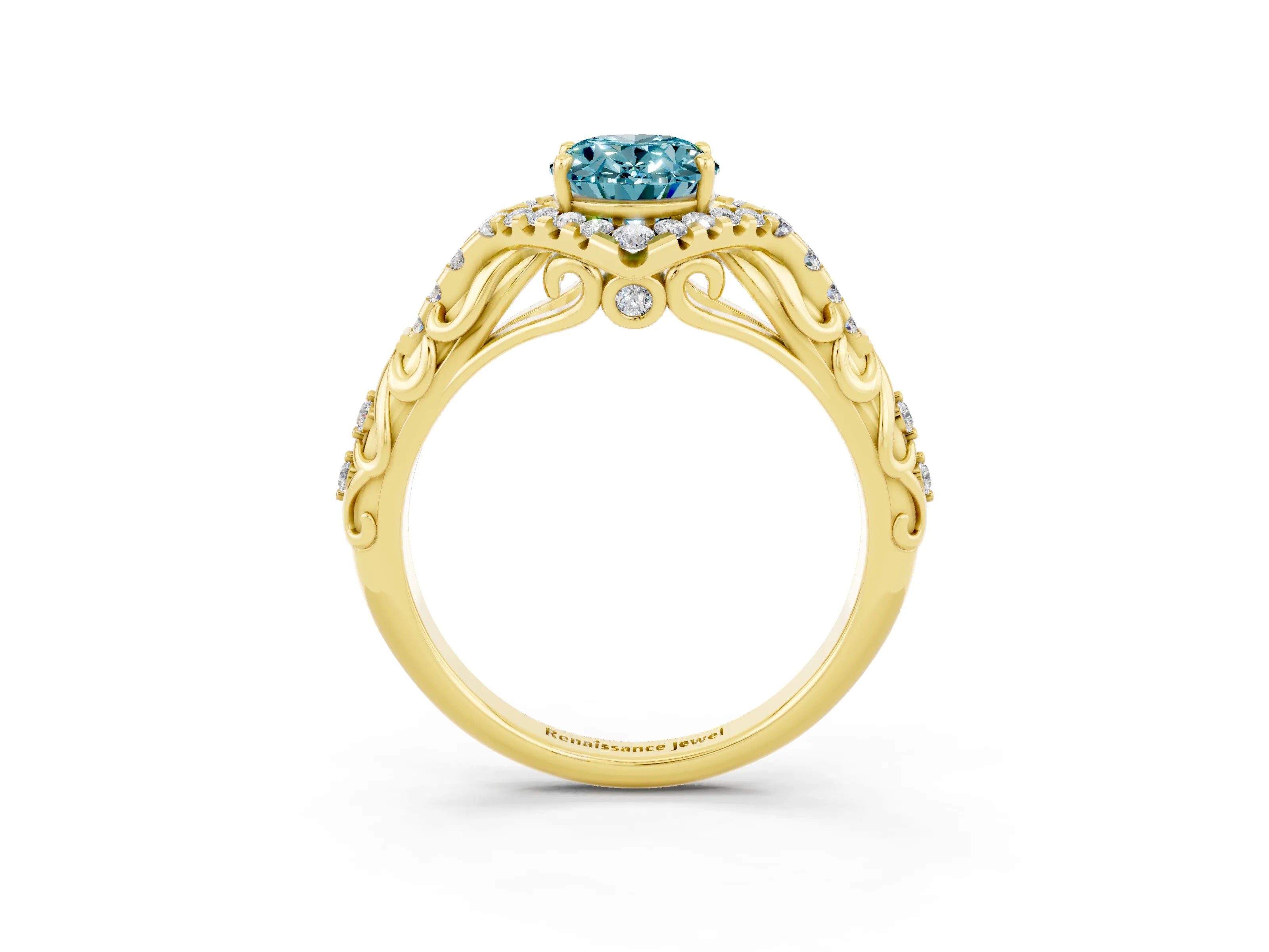 Yellow gold Oval Cut Blue Topaz Solitaire Ring with Hidden Halo and Pavé Band_15