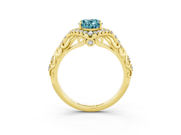 Yellow gold Oval Cut Blue Topaz Solitaire Ring with Hidden Halo and Pavé Band
