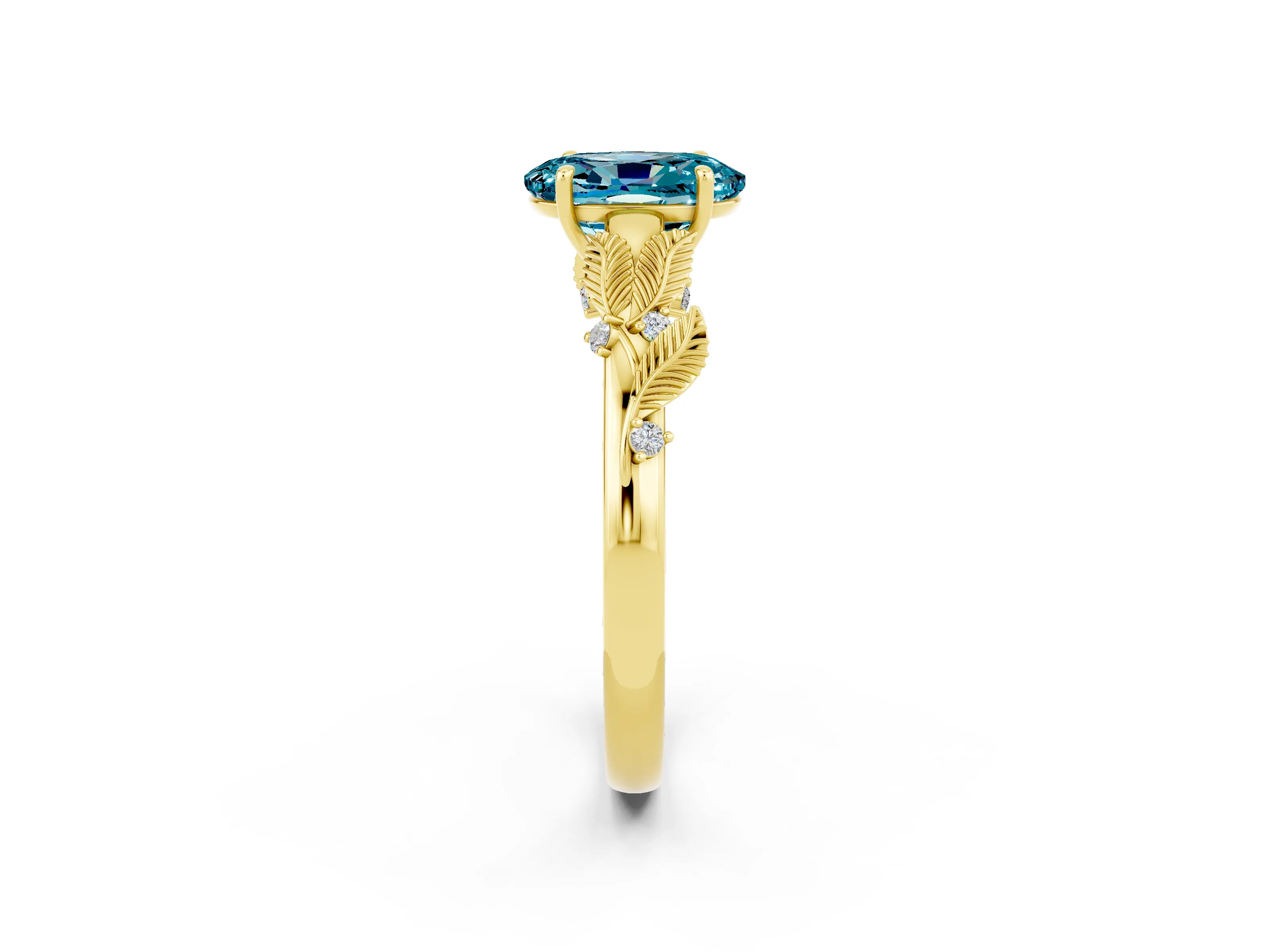 Yellow gold Oval Cut Blue Topaz Solitaire Ring with Leaf Motif Band and Four-Prong Setting_2