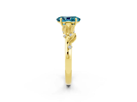 Yellow gold Oval Cut Blue Topaz Solitaire Ring with Leaf Motif Band and Four-Prong Setting_2