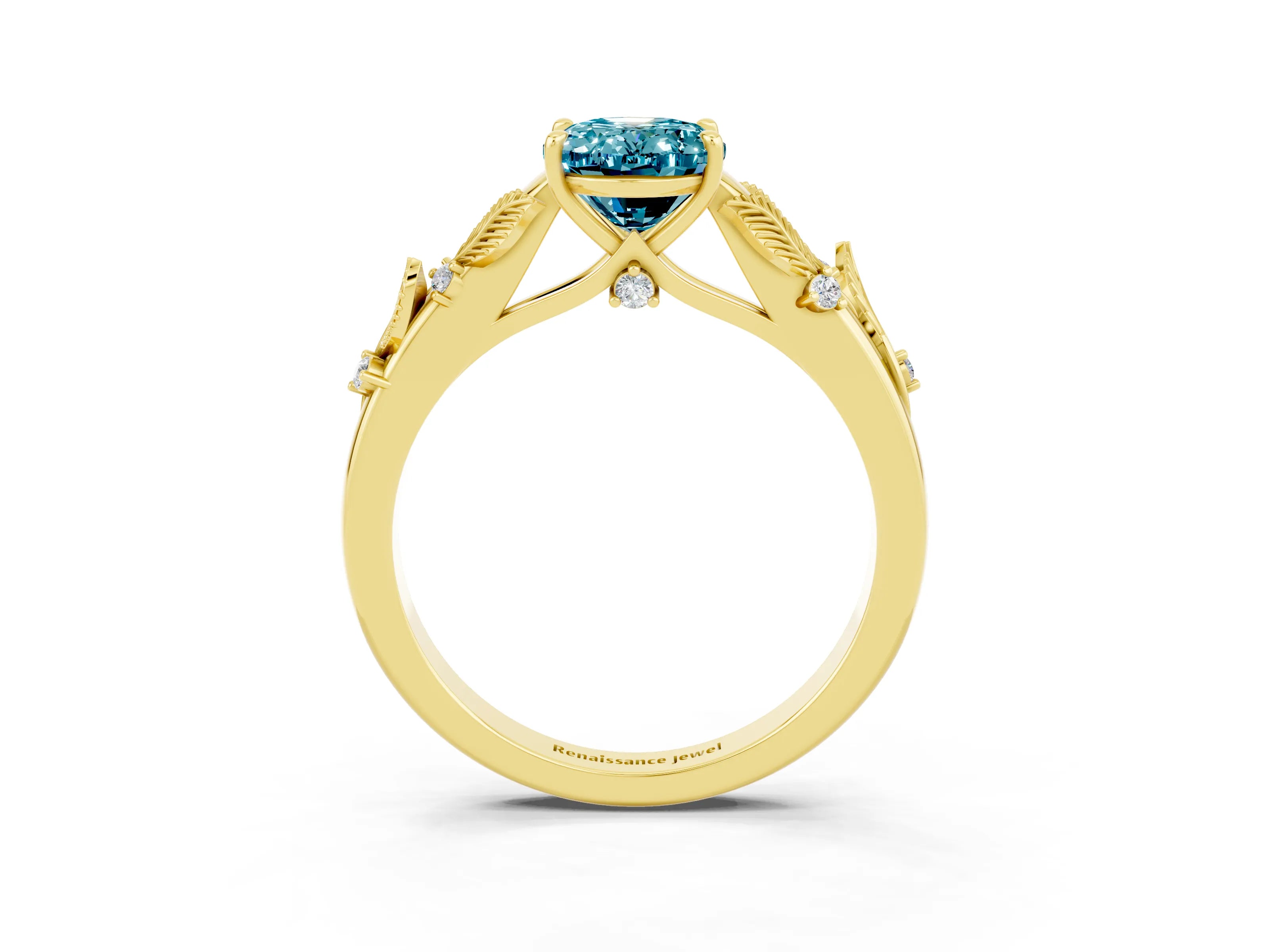 Yellow gold Oval Cut Blue Topaz Solitaire Ring with Leaf Motif Band and Four-Prong Setting_3
